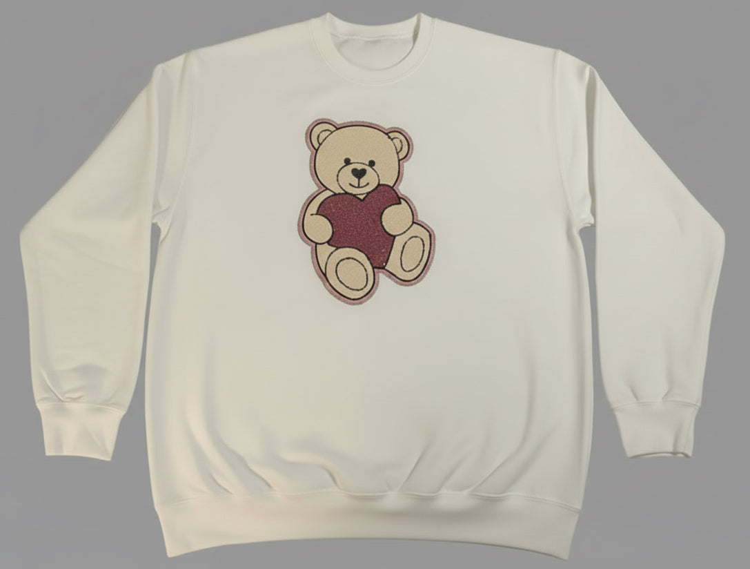 Teddy Bear with Heart Woven Patch Adult Sweatshirt