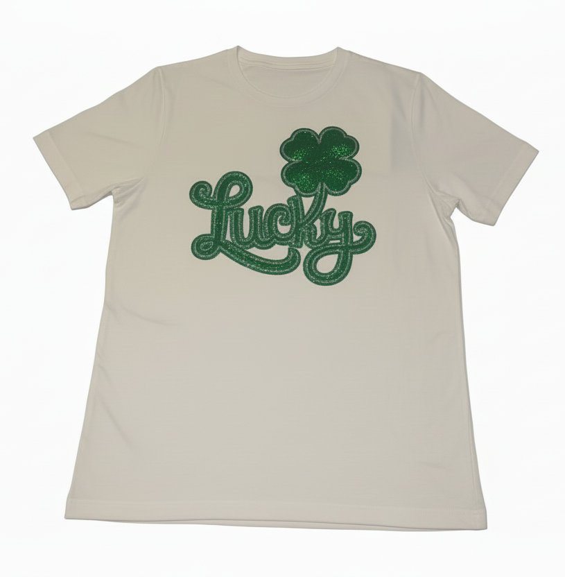 Shamrock “Lucky” Sequin Patch Adult T-Shirt