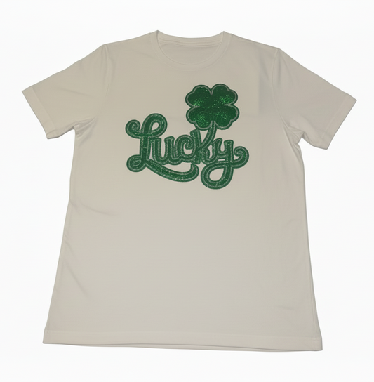Shamrock “Lucky” Sequin Patch Adult T-Shirt